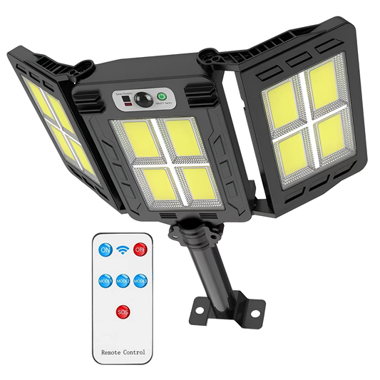 Lampa Solara Stradala 12 LED-uri Lodi873, 3 capete, control prin telecomanda, senzor de miscare, 3 moduri de iluminare, protectie IP65, Waterproof, exterior, negru