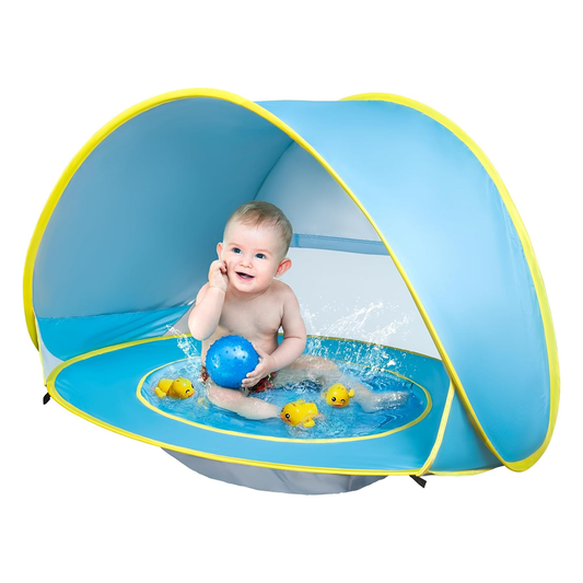 Cort Portabil de Vara pentru Bebelusi Lodi1097, adapost impermeabil pentru plaja, cu piscina, protectie UV si UPF 50+, multifunctional, 117x79x70 cm, albastru deschis