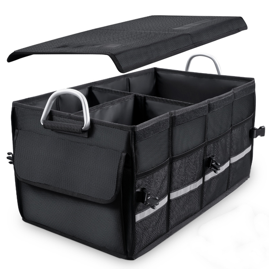 Organizator Auto Portbagaj Lodi292, 8 compartimente, pliabil, impermeabil, portabil, manere aluminiu, multifunctional, universal, capac inclus, negru