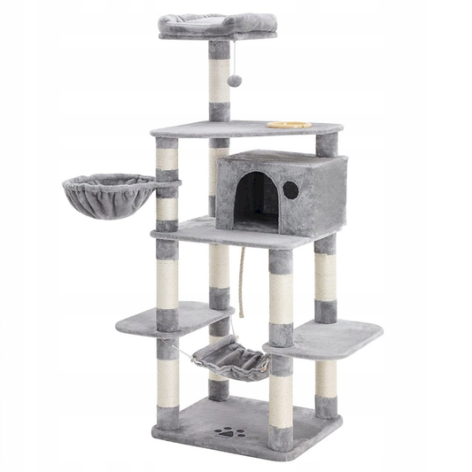 Ansamblu de Joaca pentru Pisici Lodi625, tip turn,1 platforma de observatie, 4 niveluri, 1 casuta, scara, hamac, franghie si mingiuta de joaca, stalpi pentru zgariat, captuseala extra moale, structura stabila, 164 cm, gri deschis