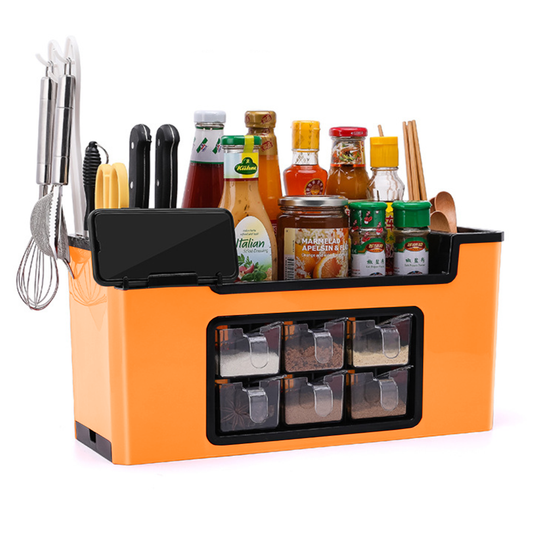 Organizator Multifunctional pentru Bucatarie Lodi601, 6 Compartimente, raft condimente, suport detasabil telefon, tavita de scurgere, suport tacamuri/ustensile, portocaliu