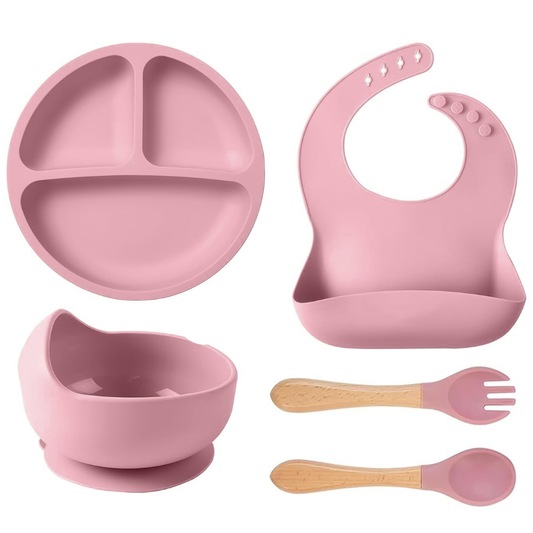 Set Hranire Bebeulsi Lodi249, 5 piese, termorezistente, silicon, fara BPA, pliabile, usor de curatat, roz blush
