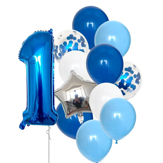 Set 12 Baloane Lodi1445, Cifra 1, pentru Petreceri/Aniversari/Evenimente, Stea/Rotunde/Confetti, 3 culori, latex, albastru