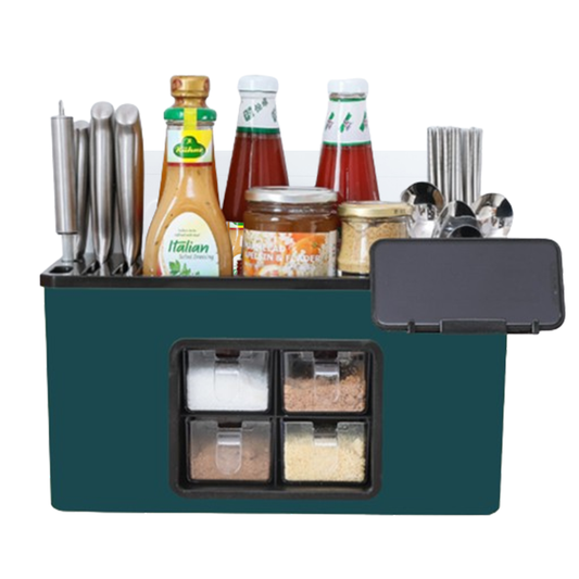 Organizator Multifunctional pentru Bucatarie Lodi537, 4 Compartimente, raft condimente, suport detasabil telefon,  tavita de scurgere, suport tacamuri/ustensile, verde inchis