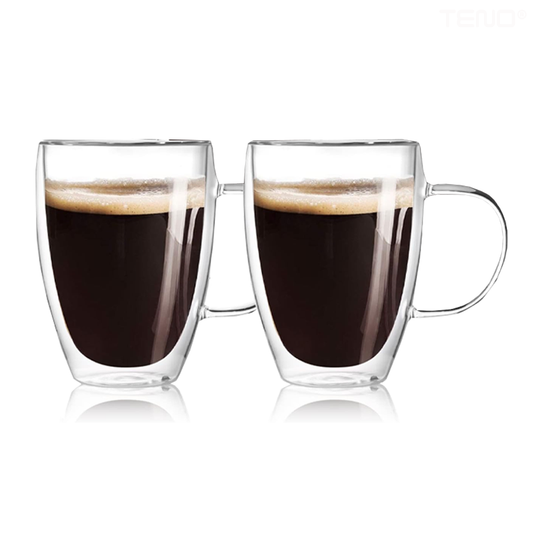 Set 2 Cani de Sticla cu Perete Dublu Lodi858, model rotund, design modern, termorezistente, capacitate 350 ml, 12 x 9 cm