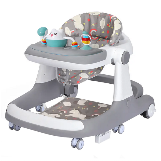 Premergator Multifunctional pentru Bebelusi Lodi1100, tava cu 3 jucarii, pisica, muzica, reglabil, pliabil, greutate max 20kg, 6-36 luni, gri