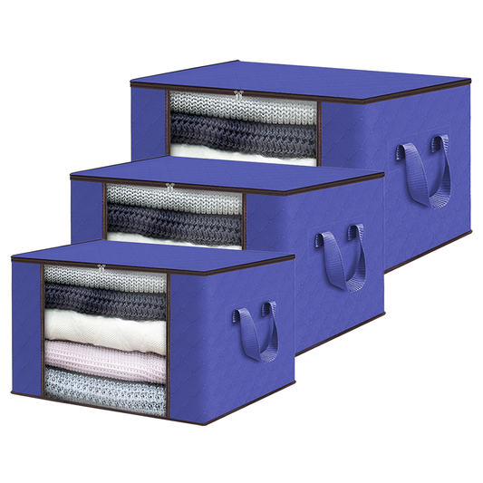 Set 3 Cutii pentru Depozitare si Organizare Lodi1055, 3 dimensiuni, pliabile, maner ranforsat si fereastra transparenta, pentru haine/paturi/ plapumi/ perne/ lenjerii de pat/jucarii, 60 L / 84 L / 105 L, albastru
