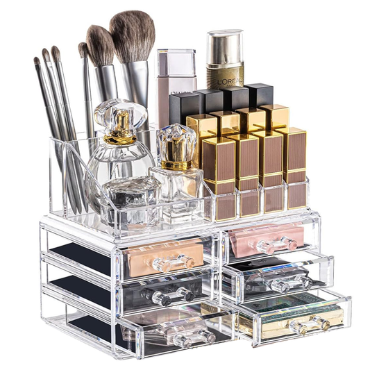 Organizator Cutie Depozitare pentru Produse Cosmetice Lodi473, bijuterii si alte obiecte, 6 sertare, piese detasabile, transparent, 24 x 19 cm