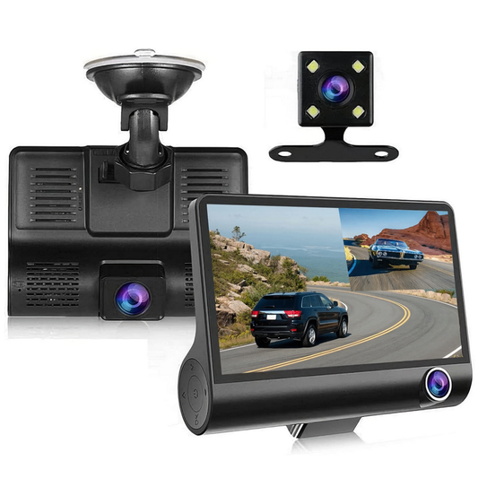 Camera Auto Tripla Lodi1498, fata, spate, interior, laterale, vizualizare unghi de 140°, camera marsarier, ecran de 4”, LED, full HD 1080p, loop recording, negru
