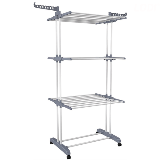 Uscator Vertical pentru Rufe si Haine Lodi1512, 3 niveluri, mobil, pliabil, pentru spatii mici, suport umerase, cadru rezistent, inaltime 175cm, gri