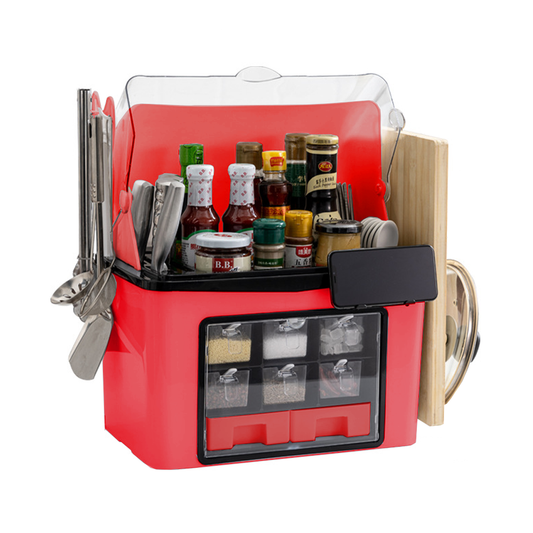 Organizator Multifunctional pentru Bucatarie Lodi484,  suport sticle, rafturi pentru condimente, cuier pentru ustensile, suport cutite, 46 x 26 x 43 cm, rosu