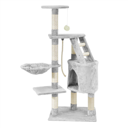 Ansamblu de Joaca pentru Pisici Lodi820, tip turn, 1 platforma de observatie, 4 niveluri, 1 casuta, scara, franghie si mingiute de joaca, stalpi pentru zgariat, captuseala extra moale, structura stabila, 118 cm, gri deschis