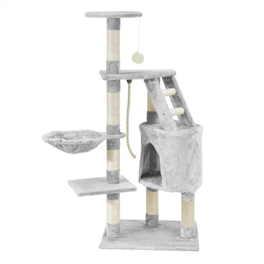 Ansamblu de Joaca pentru Pisici Lodi820, tip turn, 1 platforma de observatie, 4 niveluri, 1 casuta, scara, franghie si mingiute de joaca, stalpi pentru zgariat, captuseala extra moale, structura stabila, 118 cm, gri deschis