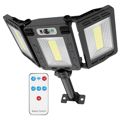 Lampa Solara Stradala 240 LED-uri Lodi876, 3 capete, control prin telecomanda, senzor de miscare, 3 moduri de iluminare, protectie IP65, Waterproof, exterior, negru