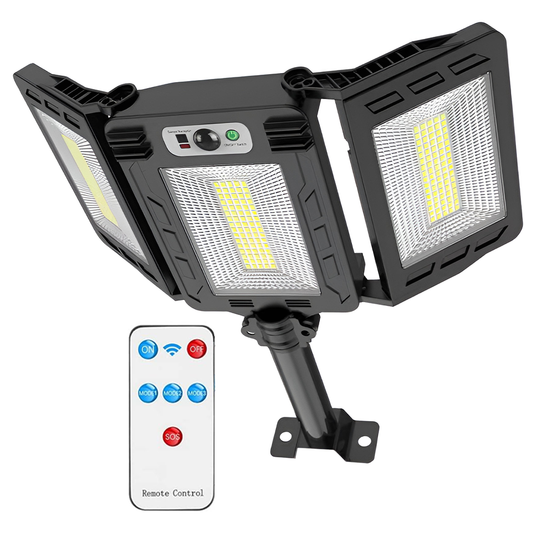 Lampa Solara Stradala 240 LED-uri Lodi876, 3 capete, control prin telecomanda, senzor de miscare, 3 moduri de iluminare, protectie IP65, Waterproof, exterior, negru