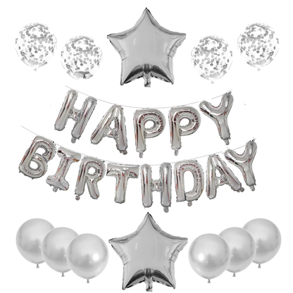 Set 25 Baloane Lodi718, Litere, pentru Petreceri/Aniversari/Evenimente, confetti, stelute, model HAPPY BIRTHDAY, argintiu