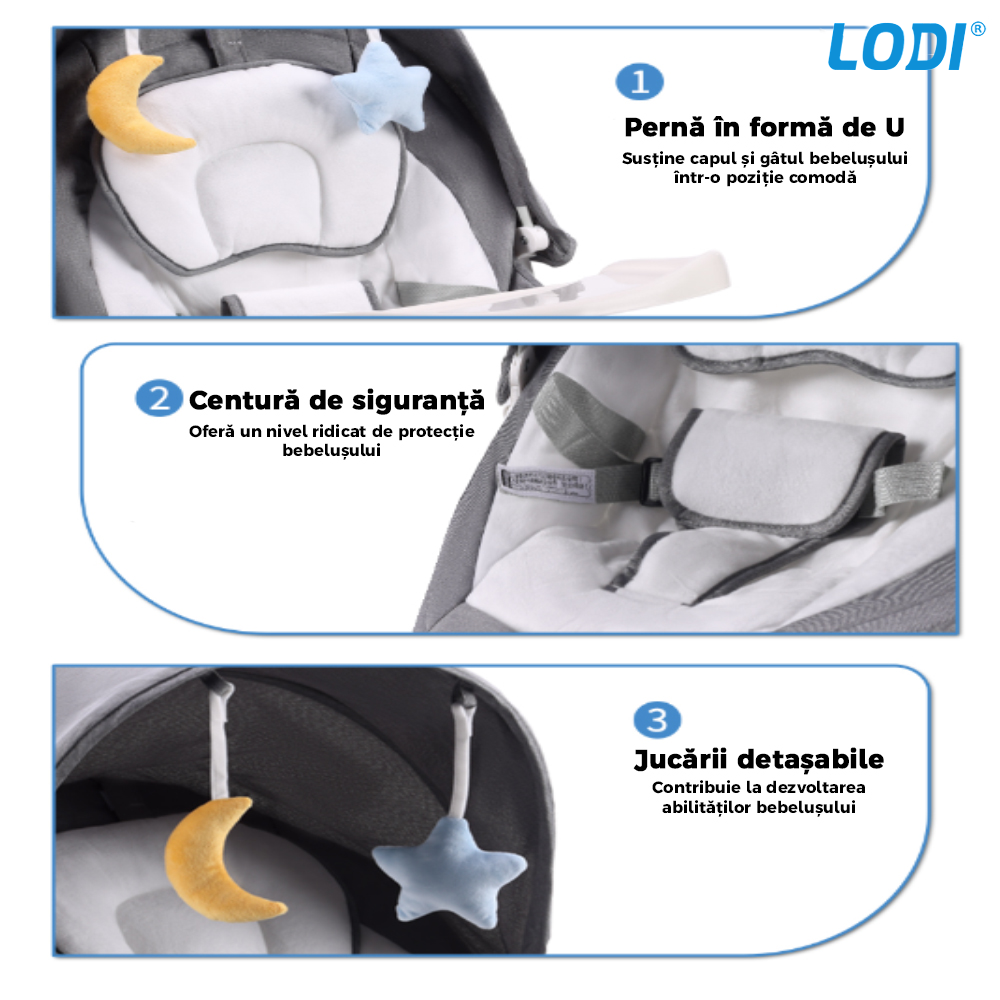Leagan Electric Lodi122, conectivitate Bluetooth, telecomanda, tava detasabila, acoperis rabatabil, plasa protectie tantari pentru bebelusi, jucarii, muzica, gri