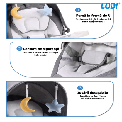 Leagan Electric Lodi122, conectivitate Bluetooth, telecomanda, tava detasabila, acoperis rabatabil, plasa protectie tantari pentru bebelusi, jucarii, muzica, gri