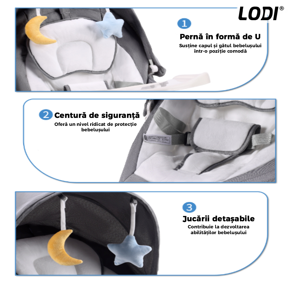 Leagan Electric Lodi986, conectivitate Bluetooth, control tactil, telecomanda, tava detasabila, acoperis rabatabil, plasa protectie tantari pentru bebelusi, jucarii, muzica, gri/alb
