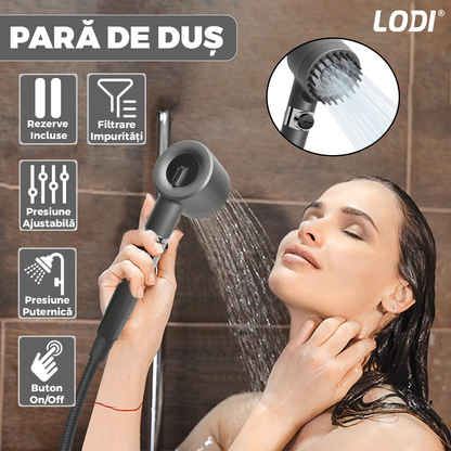 Para de Dus Lodi976, 6 filtre extra, buton On/Off, presiune ajustabila, filtrare apa, jet uniform, zimti de silicon pentru curatare, gri