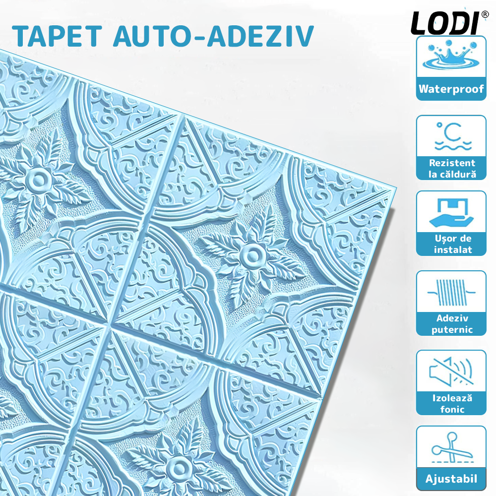 Set 10x Tapet 3D Lodi794, suprafata acoperire 4.9 mp, autoadeziv, Model Floral Diamant, perete/tavan, waterproof, usor de montat, design modern, 70x70 cm, albastru