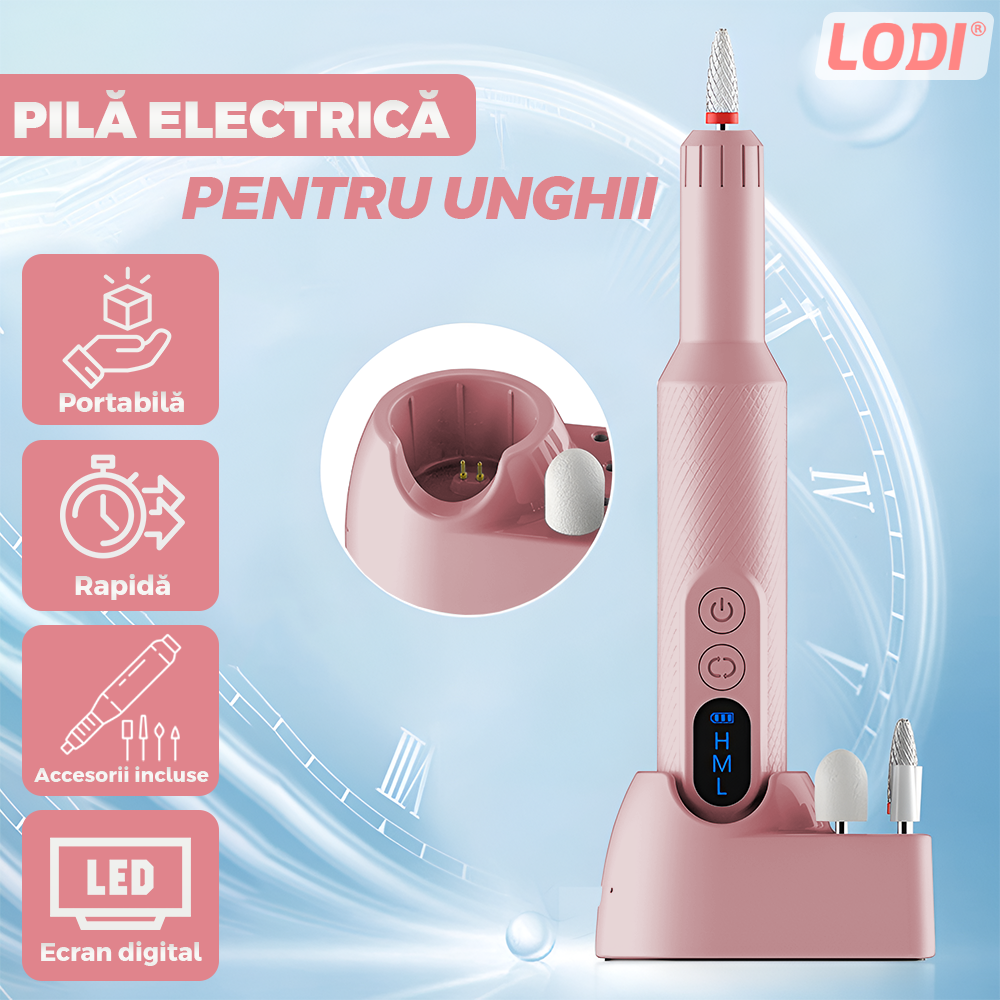 Pila Electrica Profesionala pentru Unghii Lodi1135, freză wireless, 18000 RPM, ecran LED, manichiura-pedichiura, 12 capete pentru pila, 36 benzi de slefurie, portabila, roz