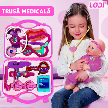 Set Trusa Medicala Asistenta Doctor Lodi478, joc de rol, 11 accesorii si cutie penntru depozitare, 37.5 x 21 cm, roz deschis