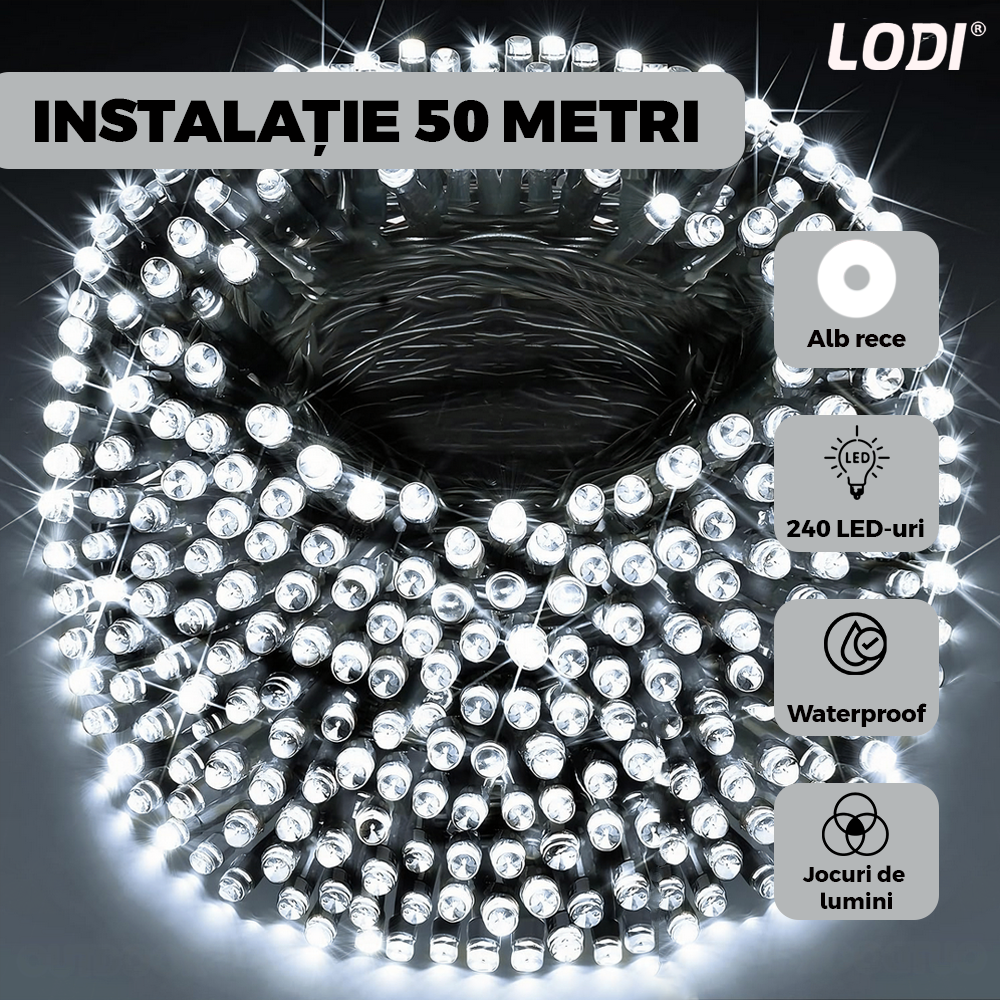 Instalatie de Craciun Liniara Lodi1435, 240 LED-uri, 8 jocuri de lumini, alimentare la priza, interior/exterior, rezistenta la apa, 50 m, alb rece