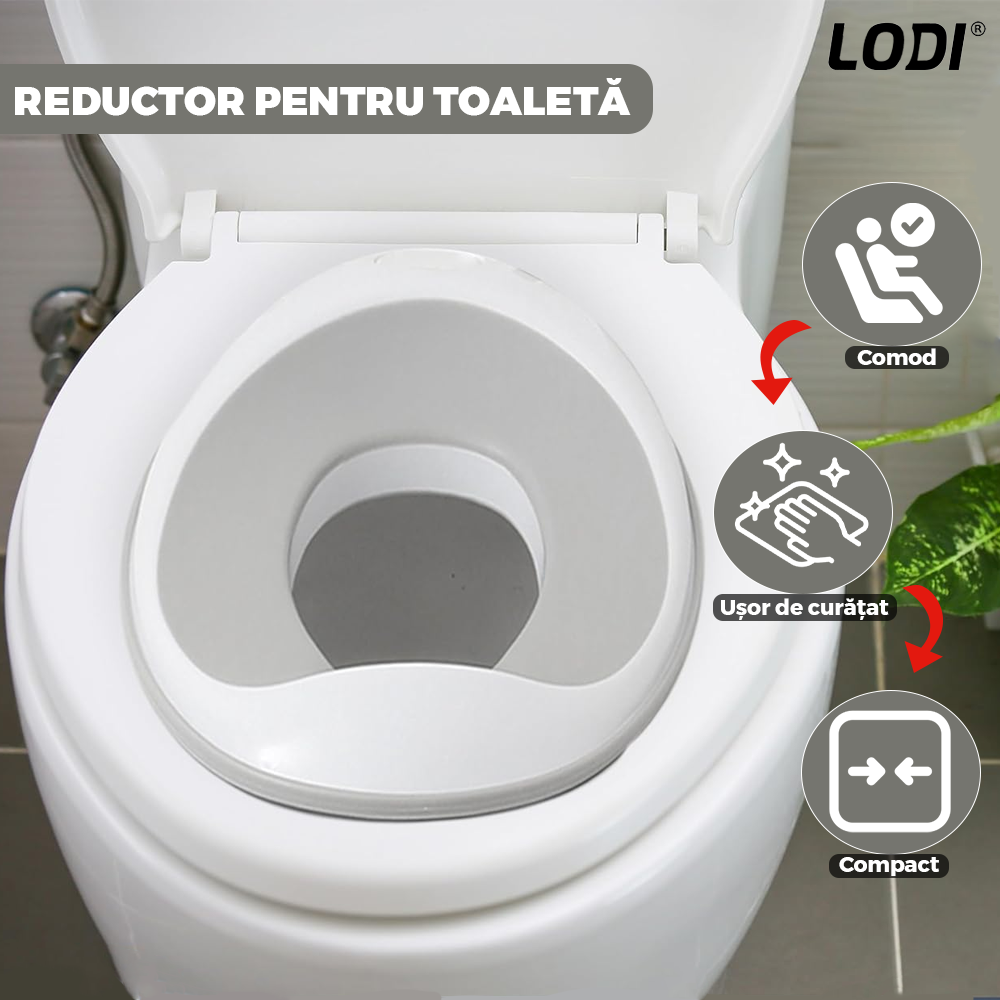 Reductor WC Copii Lodi648, suprafata antiderapanta, confortabil, protectie impotriva stropilor, compatibilitate universala, inel de prindere, portabil, alb/gri