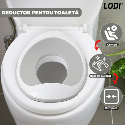Reductor WC Copii Lodi648, suprafata antiderapanta, confortabil, protectie impotriva stropilor, compatibilitate universala, inel de prindere, portabil, alb/gri