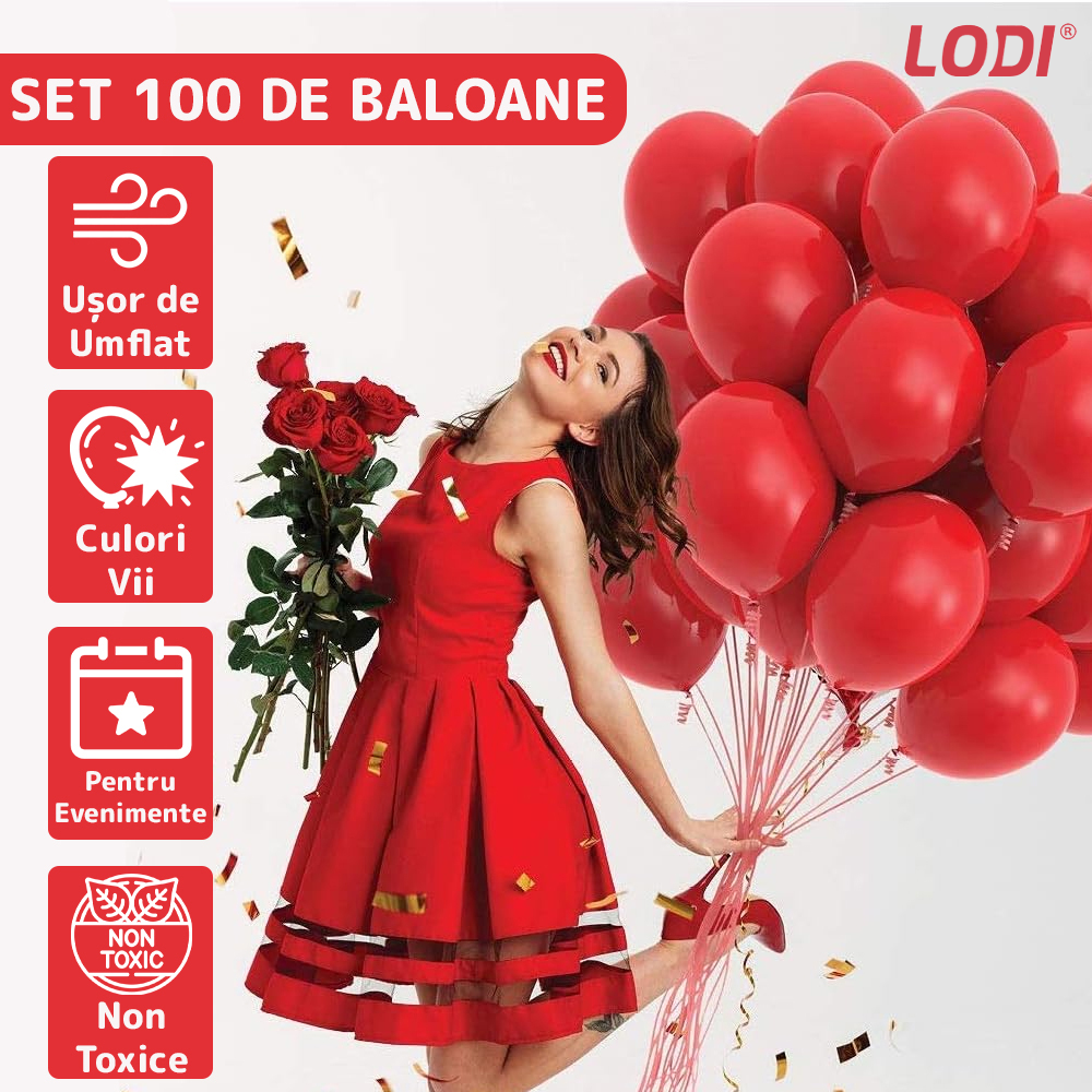 Set 100 Baloane Lodi256, pentru Petreceri/Aniversari/Evenimente, o singura dimensiune, latex, rosu