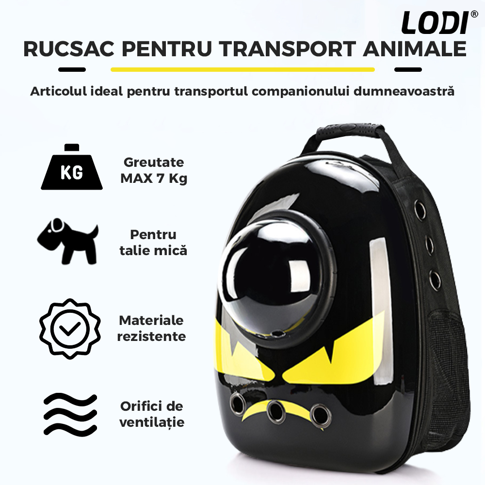 Rucsac Transport Animale Lodi24, greutate Max 7kg, hublou transparent, buzunar lateral, accesorii incluse, pentru talie mica, model Monstrulet, negru