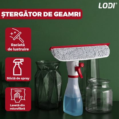 Stergator de Geamuri Multifunctional tip Sticla Lodi707, laveta detasabila, racleta pentru curatare si lustruire, sticla de spray incorporata, rosu