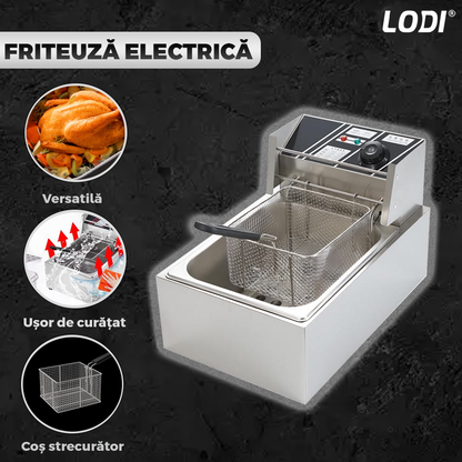 Friteuza Electrica Comerciala Lodi1110, un rezervor, usor de curatat, cos auto-strecurabil, blat din otel inoxidabil, capac pentru prevenirea stropirii, capacitate 10L, gri