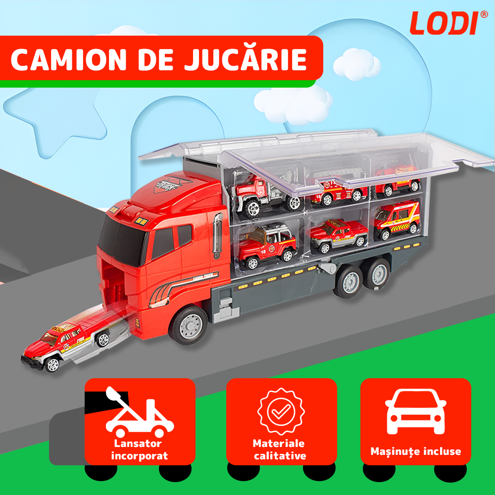 Set Camion Trailer de Jucarie pentru Transport Lodi1164, seria pompieri, 10 masinute incluse, ambulanta, utilaje, tir, accesorii mobile, lansator si rampa frontala, platforma tractare, rosu