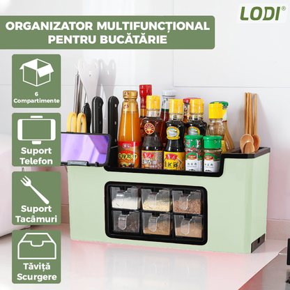 Organizator Multifunctional pentru Bucatarie Lodi683, 6 Compartimente, raft condimente, suport detasabil telefon, tavita de scurgere, suport tacamuri/ustensile, verde deschis