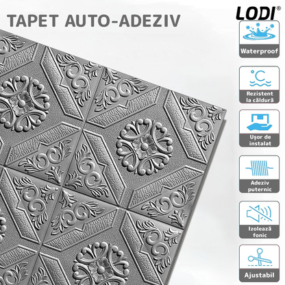 Set 10x Tapet 3D Lodi779, suprafata acoperire 4.9 mp, autoadeziv, Model Floral Carou, perete/tavan, waterproof, usor de montat, design modern, 70x70 cm, gri