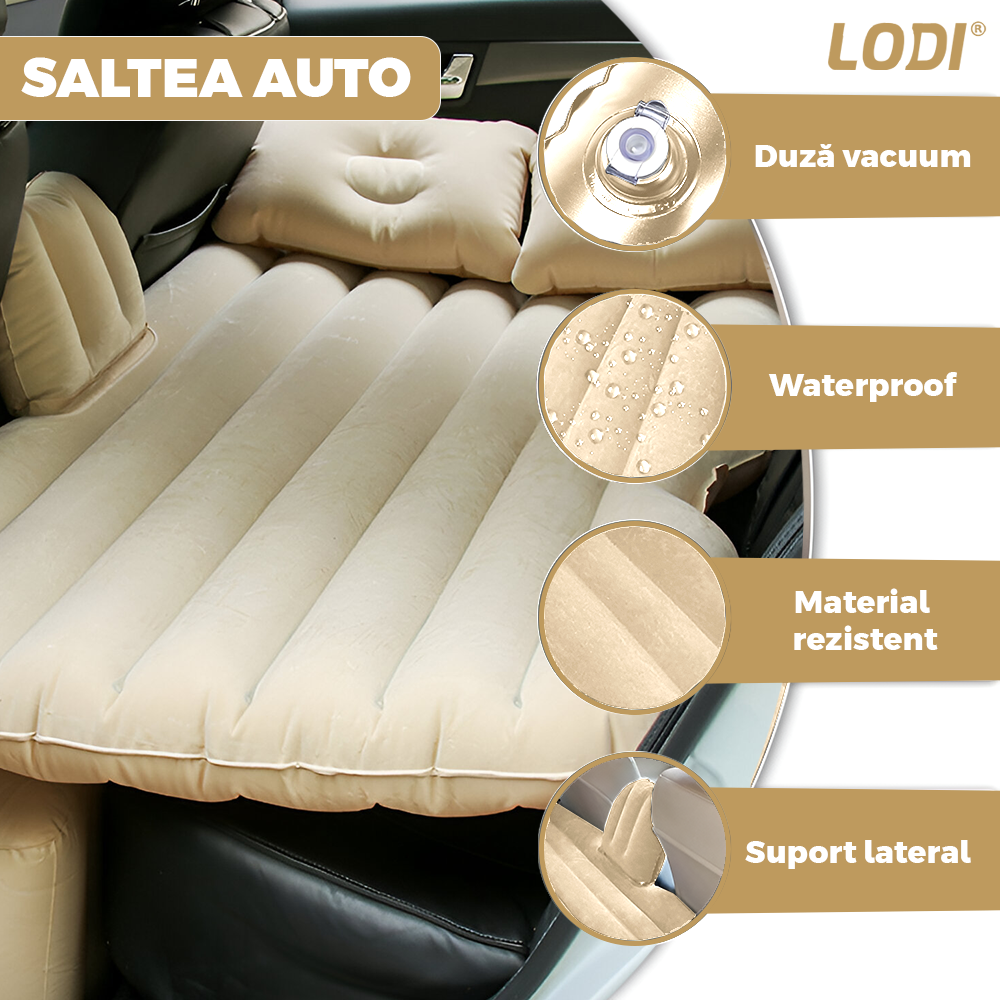 Saltea Auto Gonflabila 2 in 1 Lodi1275, scaun spate si travel bed, materiale calitative, pluristratificata, saculet de depozitare, pompa pentru umflare inclusa, 138 x 85 cm, bej