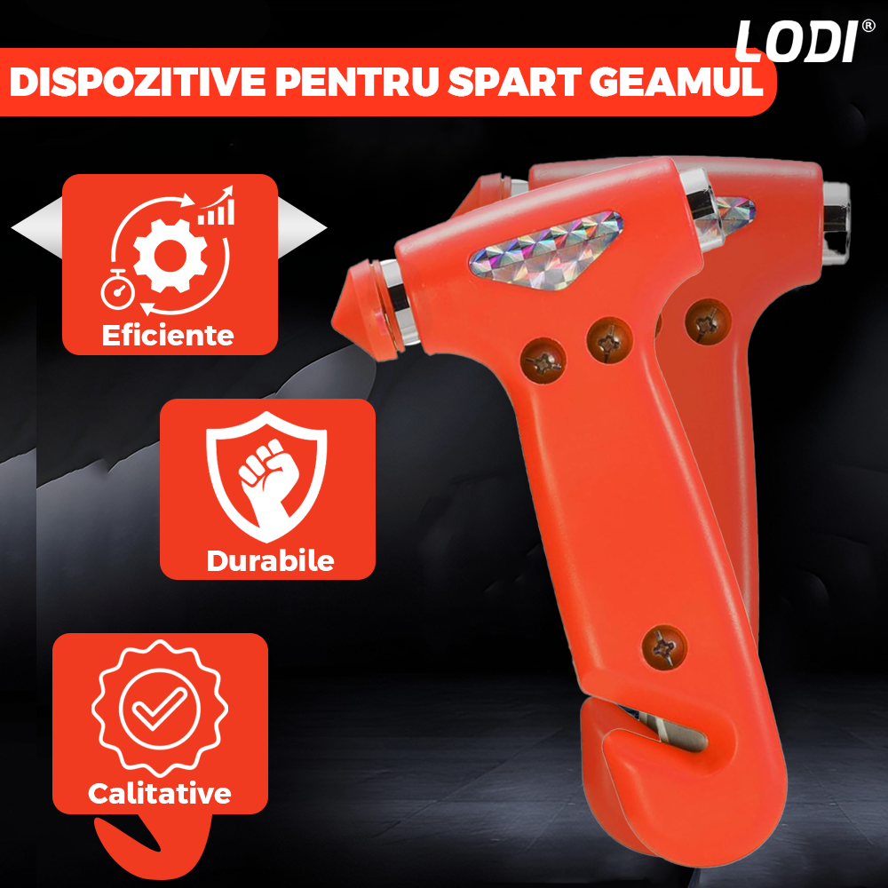 Set 2 Dispozitive de Spart Geamul Lodi1066 tip ciocan, doua capete, cutter pentru taiat centura, protectie anti-taieturi, carcasa inclusa, rosu