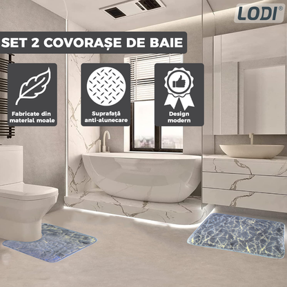 Set 2 Covorase de Baie Lodi446, anti-derapante, material moale, design modern, finisaj auriu, Model 16, 80x50 & 50x40cm, gri