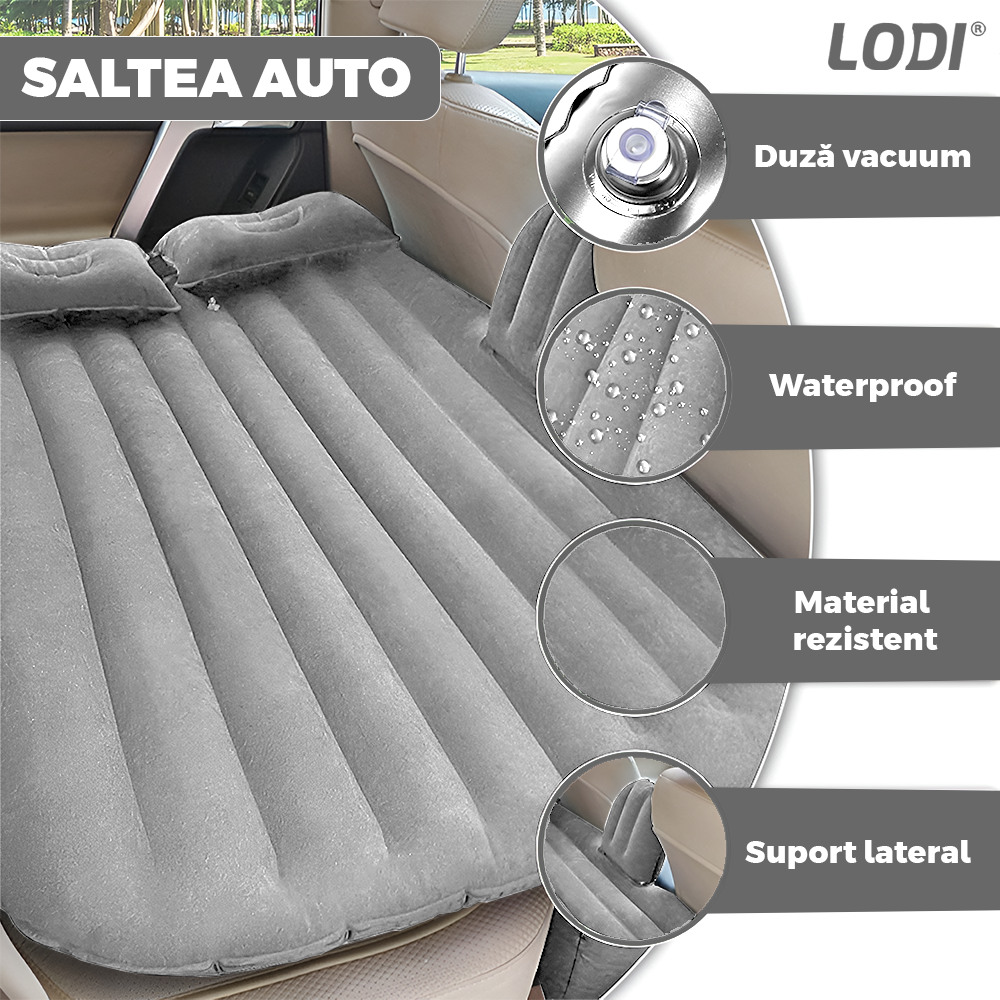 Saltea Auto Gonflabila 2 in 1 Lodi1238, scaun spate si travel bed, materiale calitative, pluristratificata, saculet de depozitare, pompa pentru umflare inclusa, 138 x 85 cm, gri