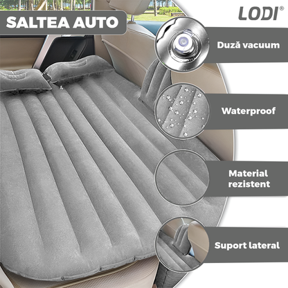Saltea Auto Gonflabila 2 in 1 Lodi1238, scaun spate si travel bed, materiale calitative, pluristratificata, saculet de depozitare, pompa pentru umflare inclusa, 138 x 85 cm, gri