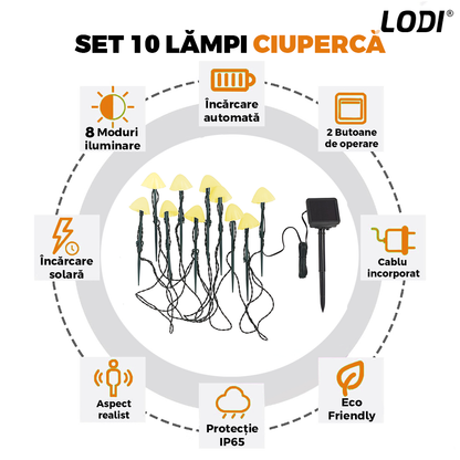 Set 10 Lampi Solare Tip Ciuperca Lodi1261, ghirlanda cu fixare la sol, panou solar, protectie Ip 65,  aspect realistic, becuri LED, 8 moduri de iluminare, alb cald