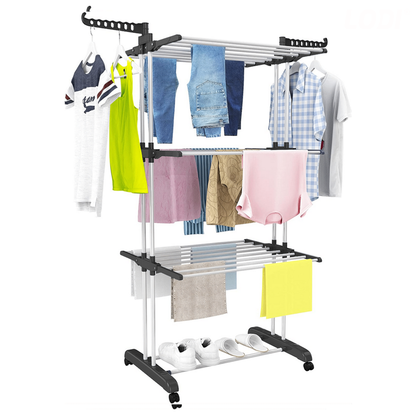 Uscator Vertical pentru Rufe si Haine Lodi1513, 3 niveluri, mobil, pliabil, pentru spatii mici, suport umerase, cadru rezistent, inaltime 175cm, negru