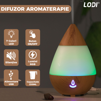 Difuzor Aromaterapie Lodi214, 7 culori LED, lumini dinamice, buton on/off, capacitate 235ml, silentios, umidifica aerul, stejar deschis
