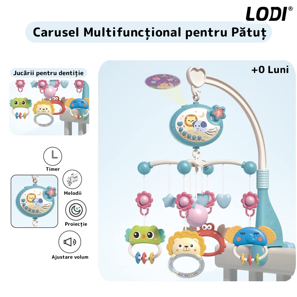 Carusel Muzical pentru Patut Lodi137, Bebe, control prin telecomanda, proiector, muzica si lumini, jucarii detasabile, multicolor