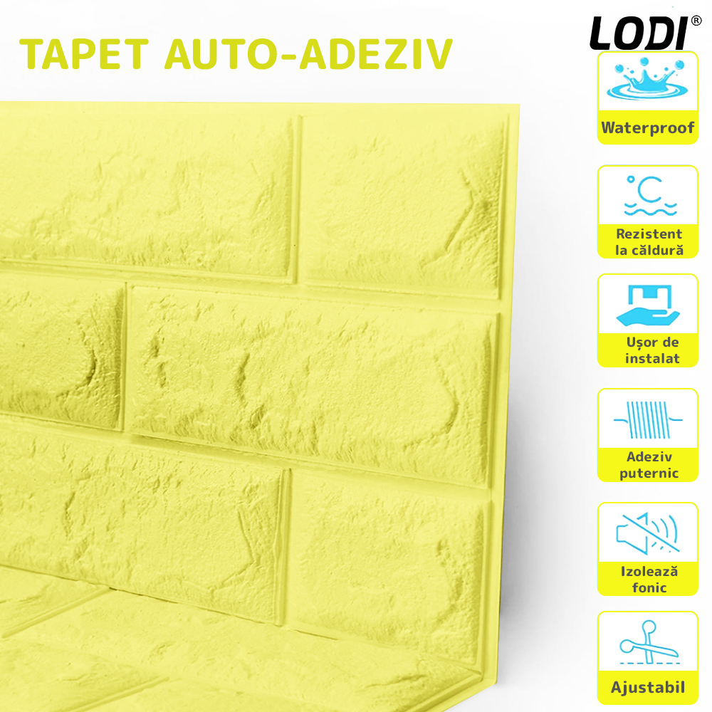 Set Tapet Caramida 3D Lodi55, suprafata acoperire 5.3 mp, autoadeziv, waterproof, usor de montat, design modern, 70x77 cm, galben
