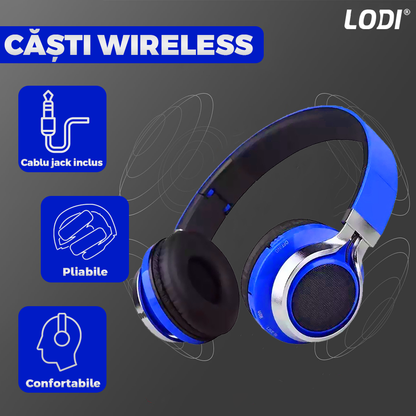 Casti Wireless Lodi963, overear, bluetooth 4.2, extra bass, blocare sunete externe, slot card TF, functii multiple, albastru