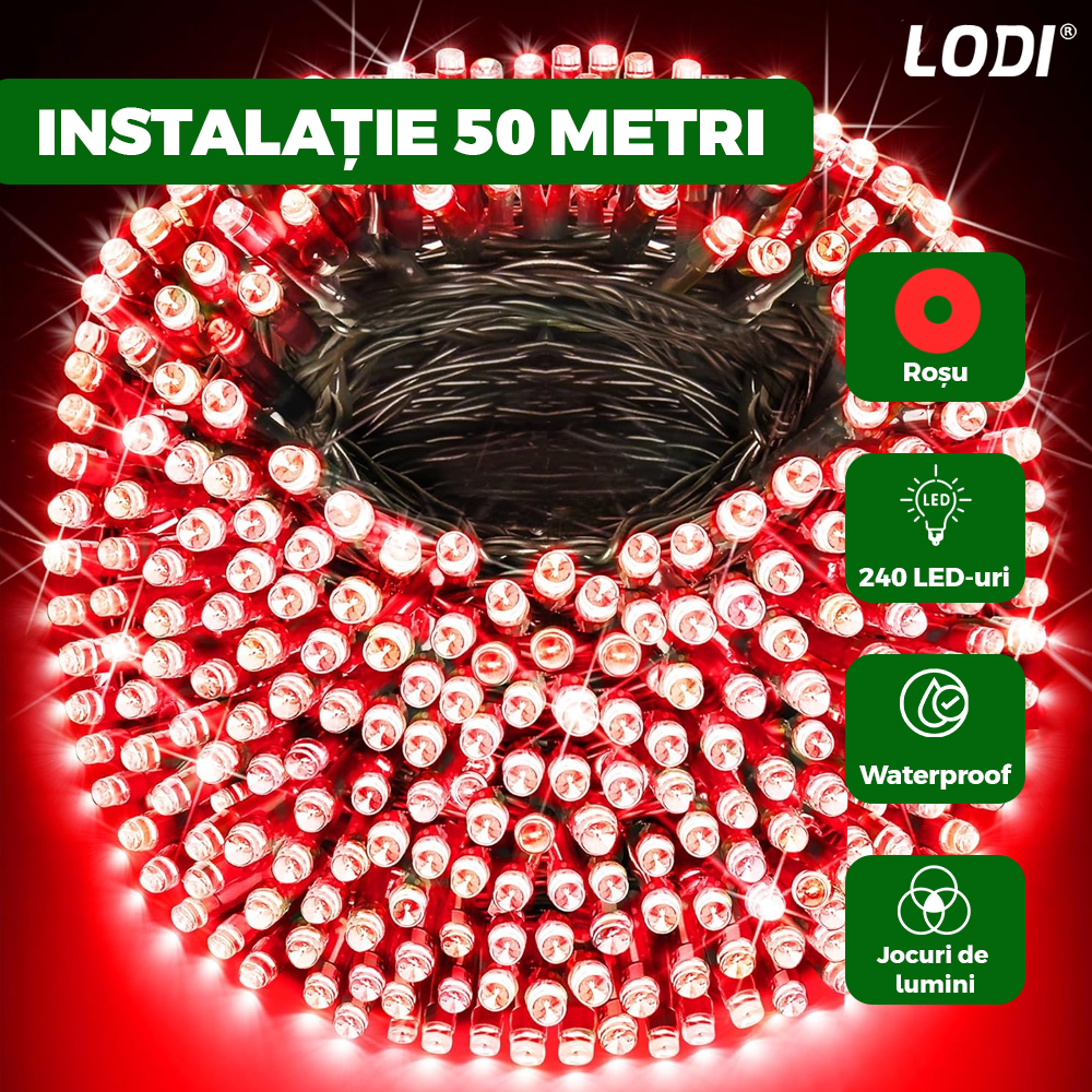 Instalatie de Craciun Liniara Lodi1437, 240 LED-uri, 8 jocuri de lumini, alimentare la priza, interior/exterior, rezistenta la apa, 50 m, rosu