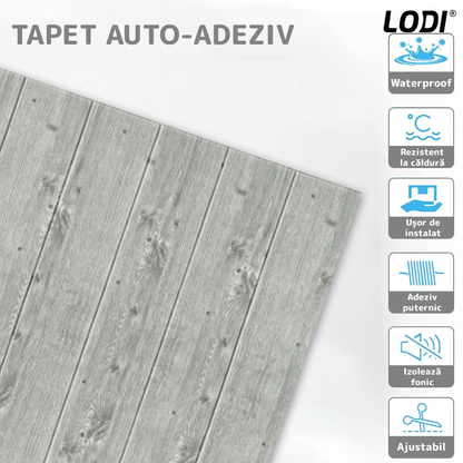 Set Tapet Panou 3D Lodi93, Model Lemn, suprafata acoperire 4.9 mp, autoadeziv, waterproof, usor de montat, design modern, 70x70 cm, gri